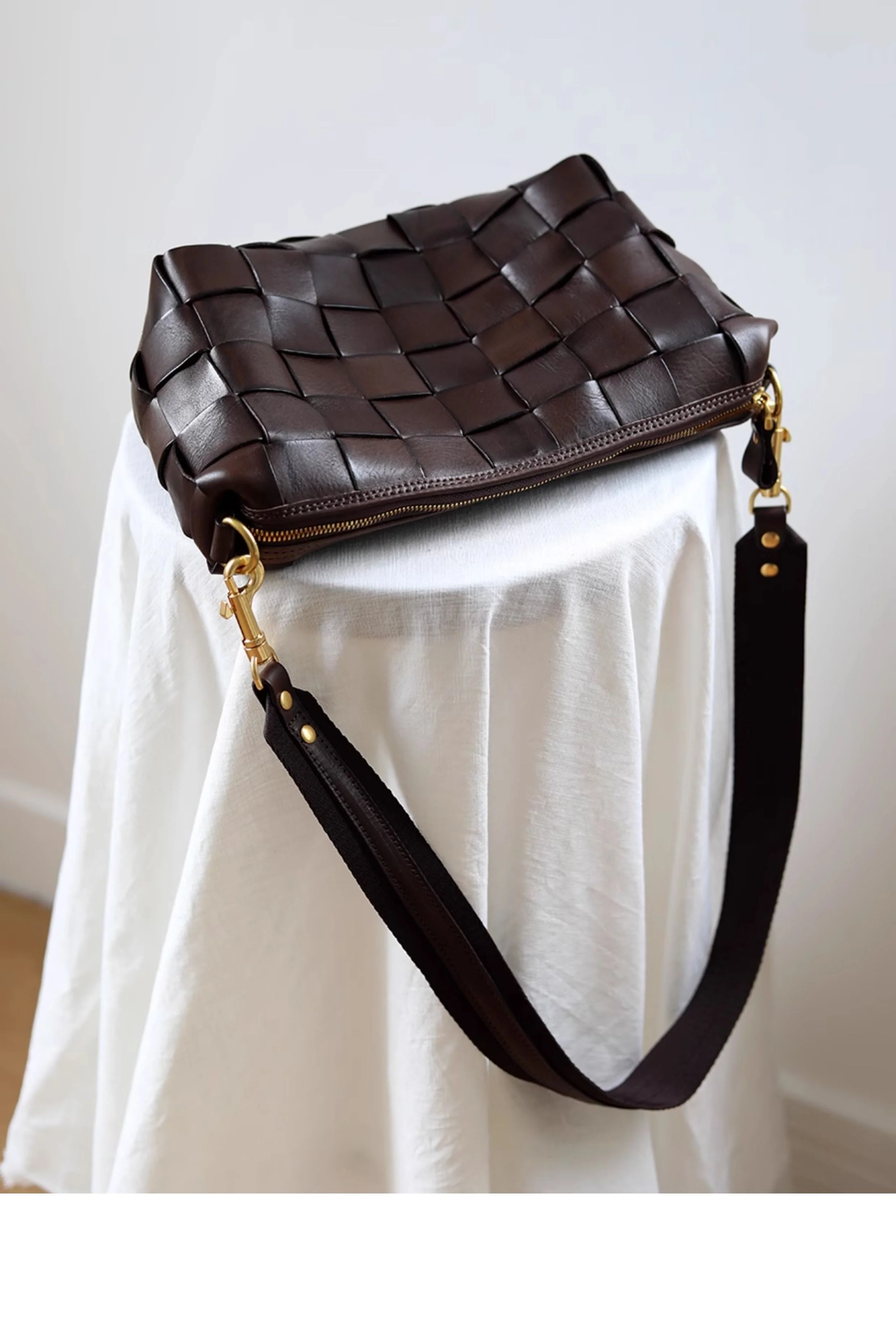 Woven Cowhide Baguette Shoulder Bag