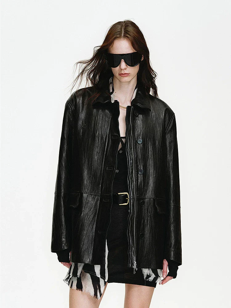 Wrinkled Leather Car Coat
