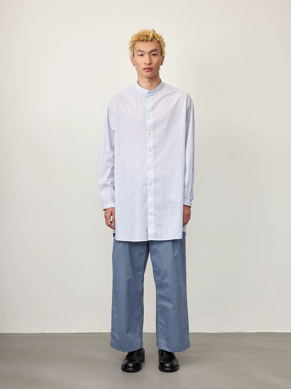 Yarn-Dyed Stripe Stand-Collar Tunic Shirt - Image 6
