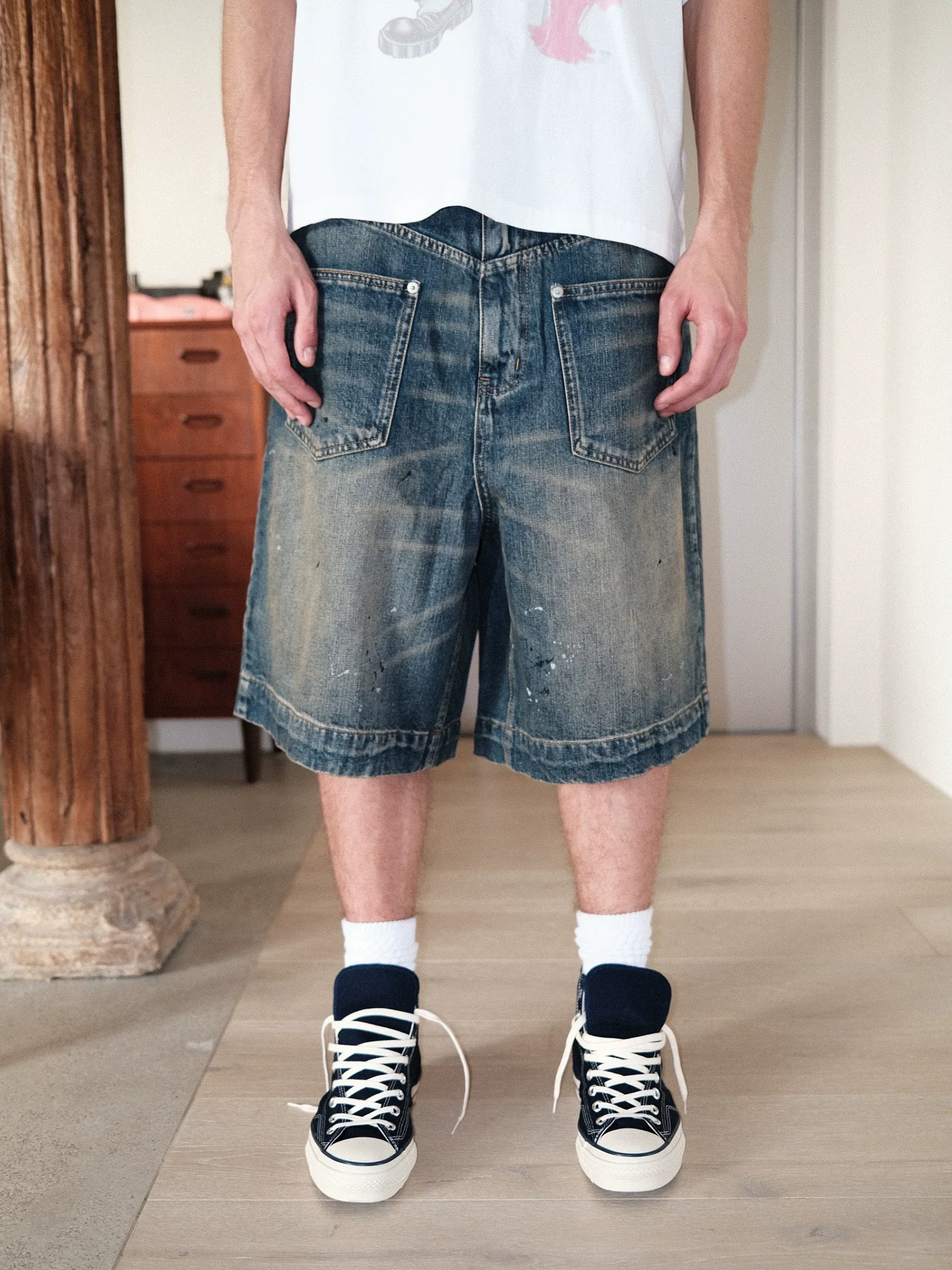 Yellow Mud-Dye Baggy Denim Shorts - Image 2